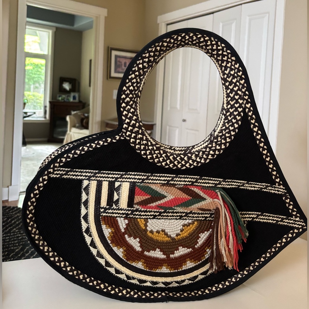 Black and Beige Woven Handbag